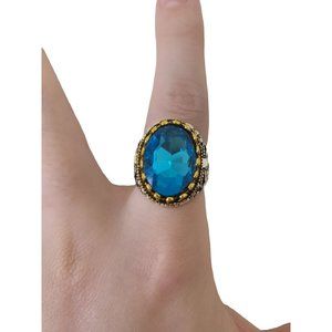 Blue Crystal Ring, Metal Design, Size 8 1/2